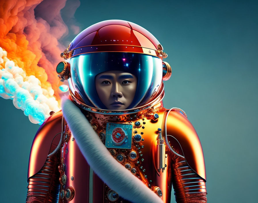 Detailed futuristic red spacesuit with reflective helmet and vibrant smoke background.