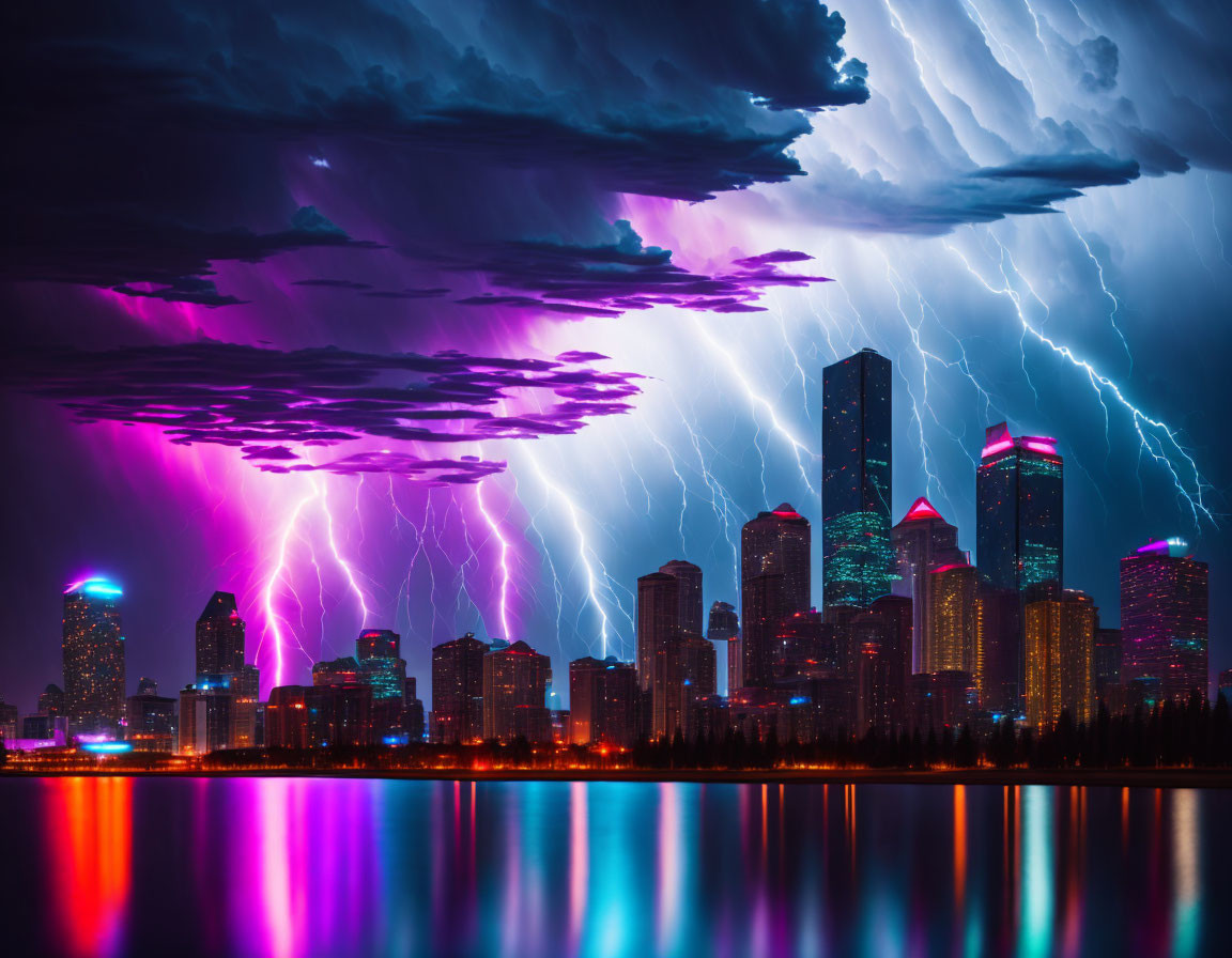 City skyline at night during storm with lightning strikes & colorful reflections