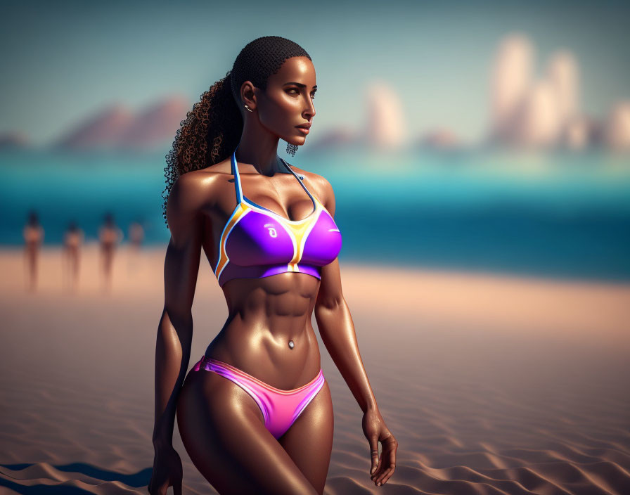 Digital illustration: Woman with brown skin, curly hair in purple bikini on beach with mountains and ocean.