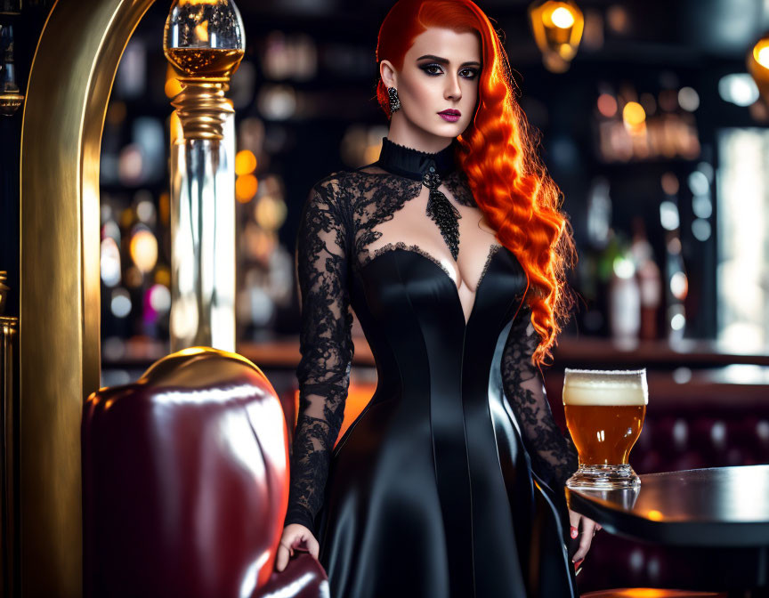 Vibrant red-haired woman in black lace dress at bar with beer glass