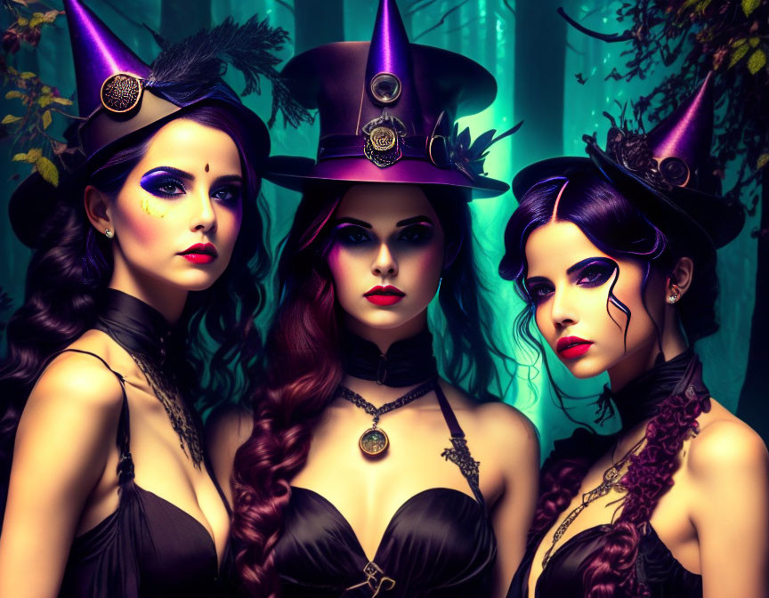 Three women with mystical makeup and purple witch hats in moody forest setting