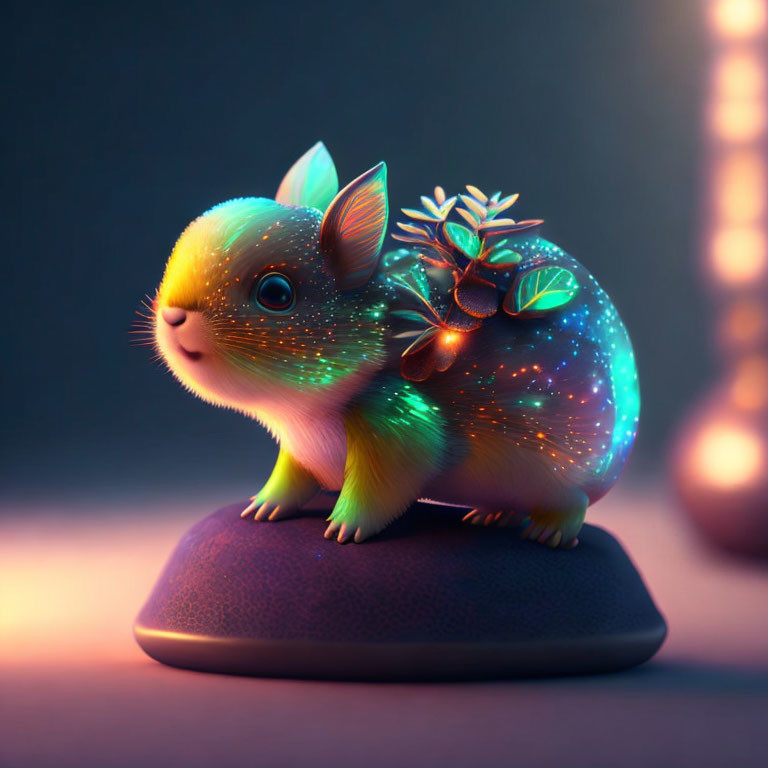 Colorful Glowing Rabbit with Leaf and Berries on Back on Pedestal