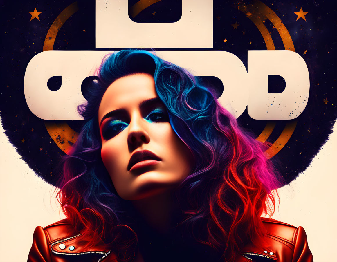 Colorful poster: Woman with blue and pink hair in leather jacket against cosmic backdrop