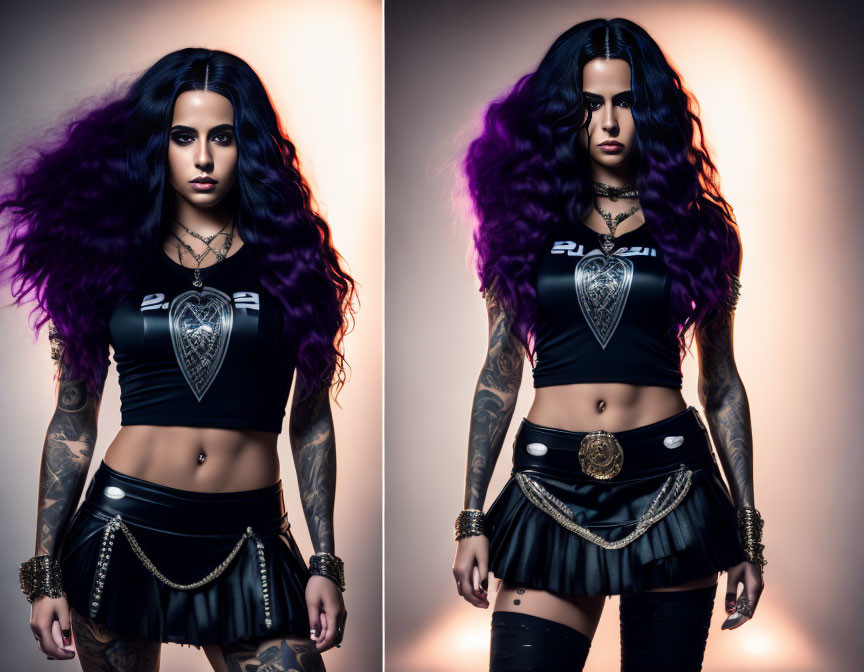 Purple-haired woman in black crop top and skirt with tattoos, belt, and chain accessories in dual portrait