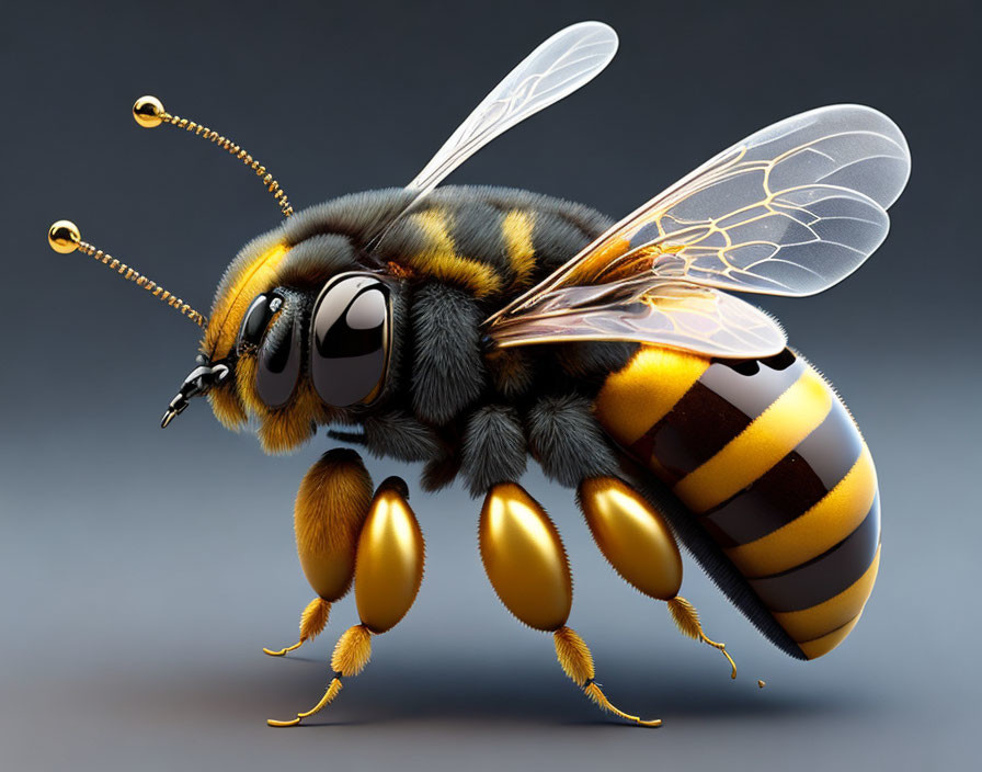 Detailed digital illustration: Exaggerated bee features on gradient background