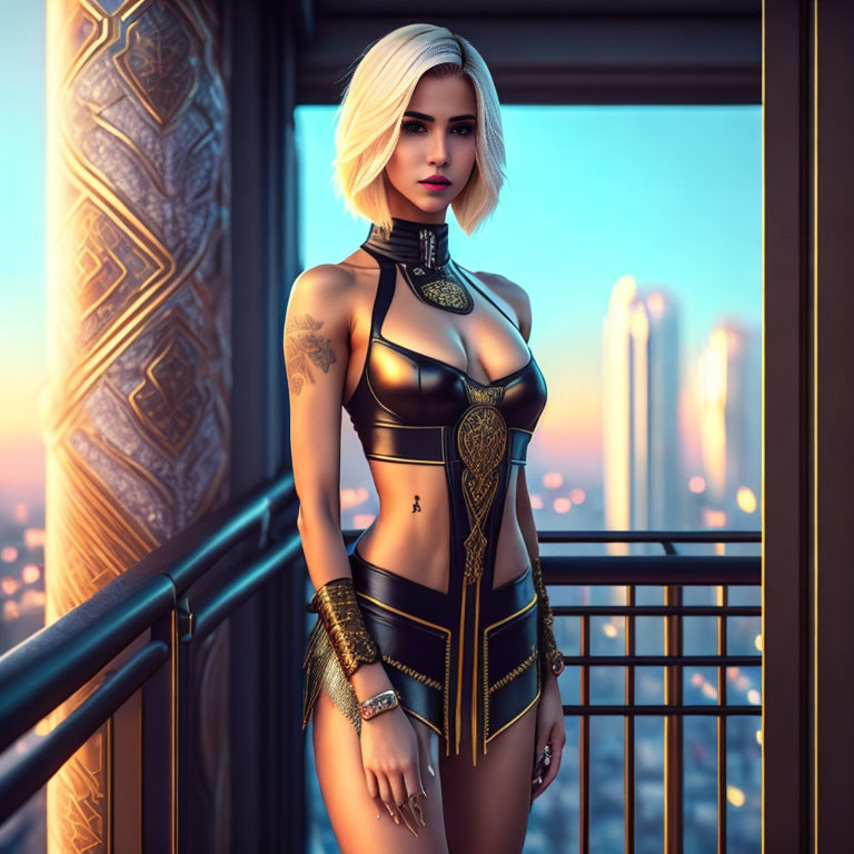 Blond-Haired Female Figure in Stylized Attire on Balcony at Sunset