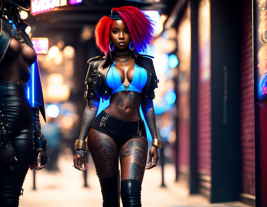 Confident woman with red hair, tattoos, stylish attire on neon-lit street