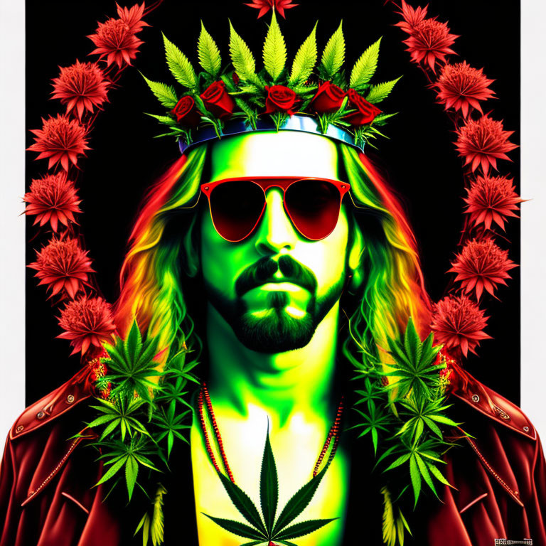 Stylized portrait of person with leaf and rose crown, red sunglasses, garment, and marijuana motif