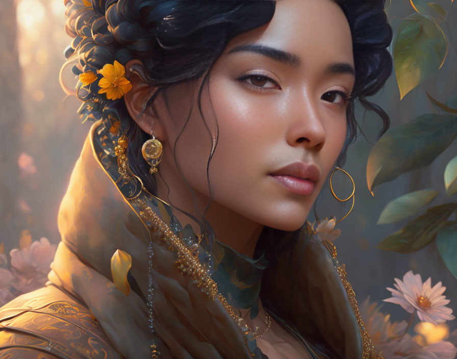 Close-up digital portrait of woman with dark hair, gold accessories, flowers, and patterned cloak against