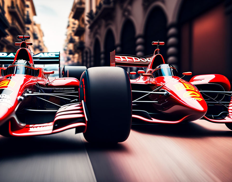 Two Red Formula 1 Racing Cars Speeding on City Street