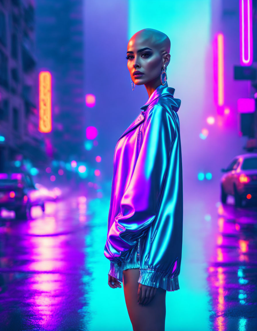 Bald Woman in Shiny Jacket on Neon-Lit Rainy City Street