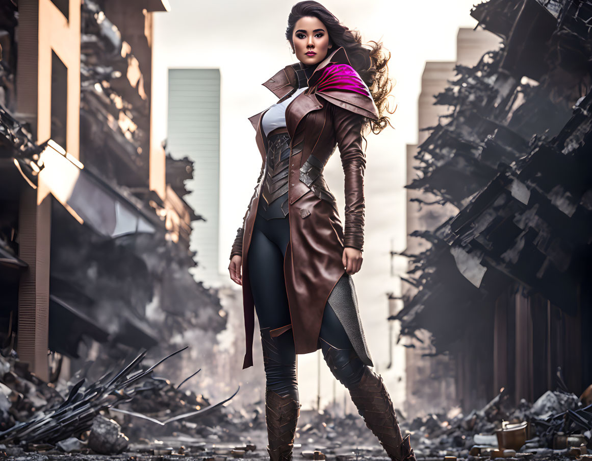 Confident woman in futuristic attire among ruined cityscape