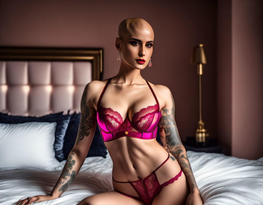 Bald Person with Tattoos Poses in Pink Lingerie on Bed