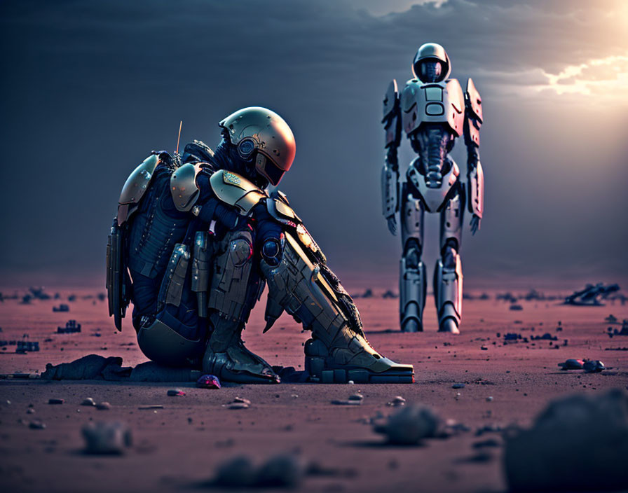 Futuristic robots in desert at dusk: one sitting dejectedly, other standing.