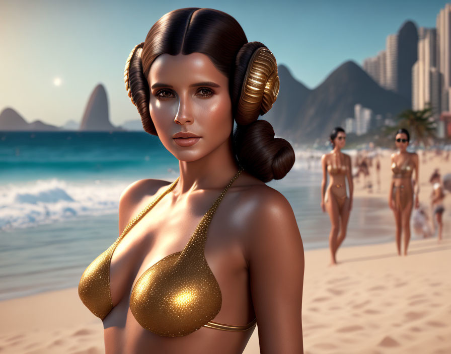 Sci-fi hairstyle woman in golden outfit on beach with people.