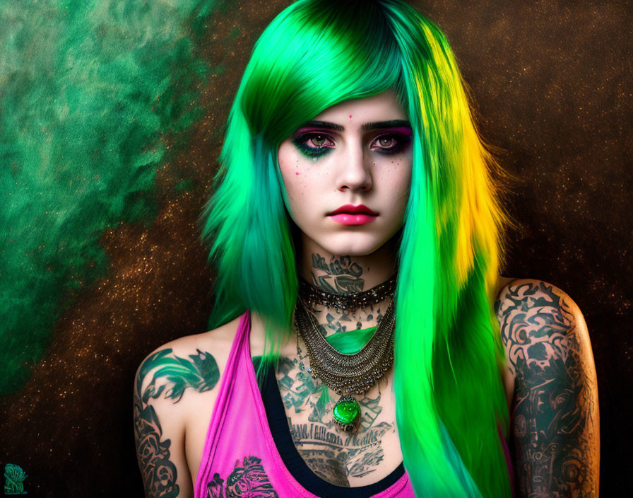 Portrait of woman with green and yellow hair, tattoos, dark makeup, pink top, against textured backdrop