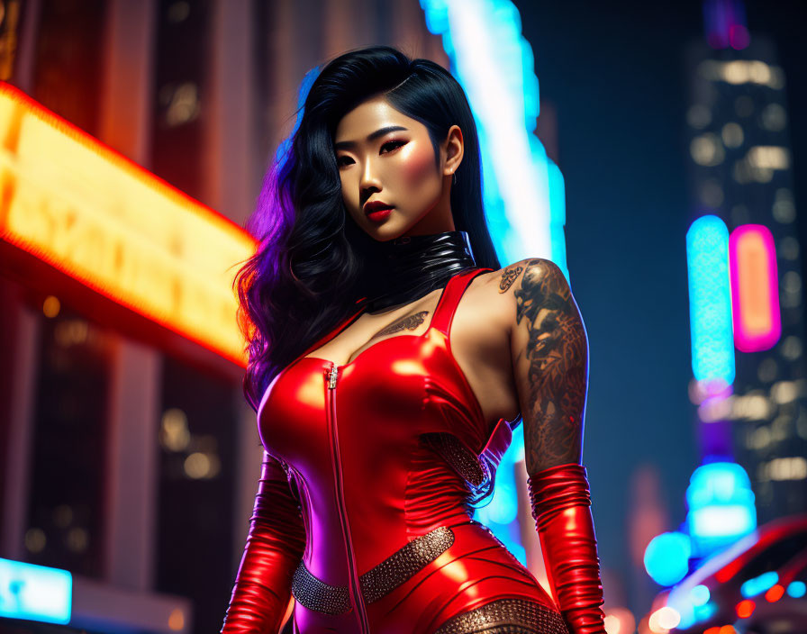 Confident woman in red outfit with tattoos in neon-lit cityscape