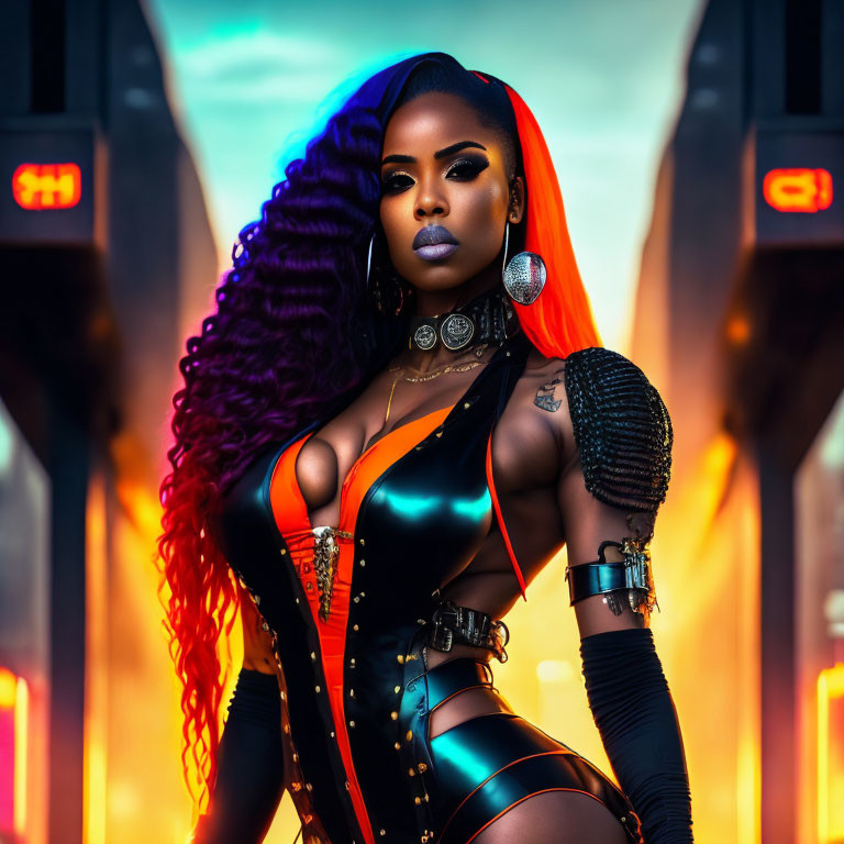 Colorful-haired woman in futuristic outfit posing confidently in neon-lit urban setting