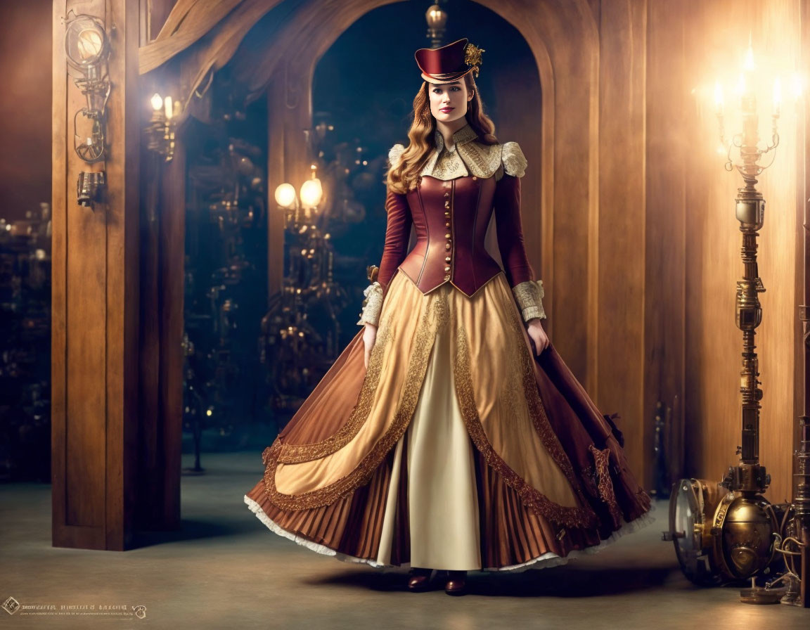 Victorian woman in elaborate dress and top hat in opulent room with candelabras