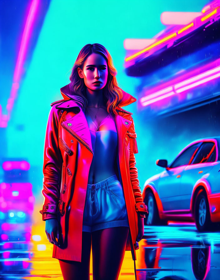 Woman in Red Jacket on Neon-Lit Street with Futuristic Vehicles