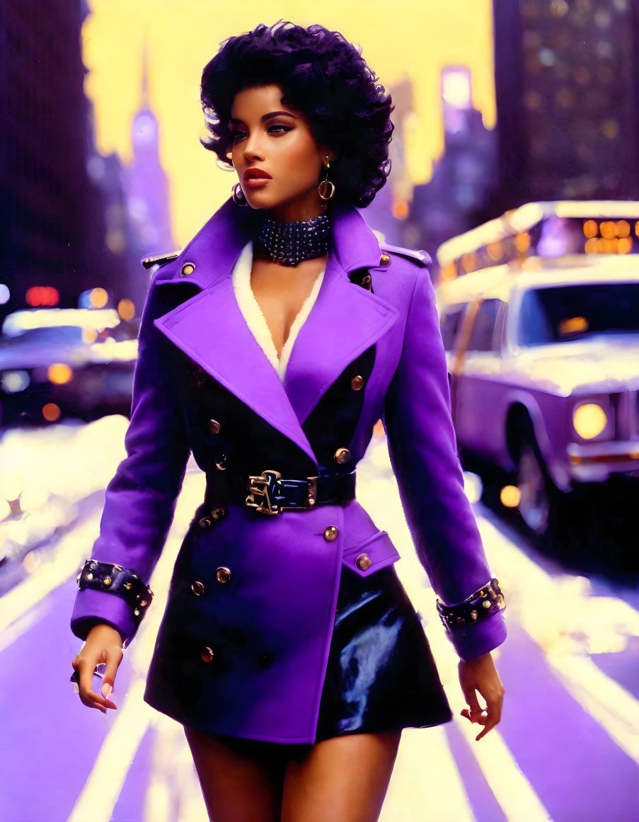 Stylish Woman in Purple Coat on City Street at Dusk