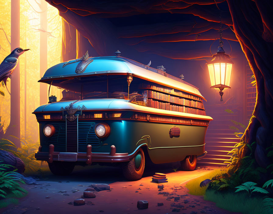 Vintage Bus in Mystical Forest with Glowing Lights and Curious Bird