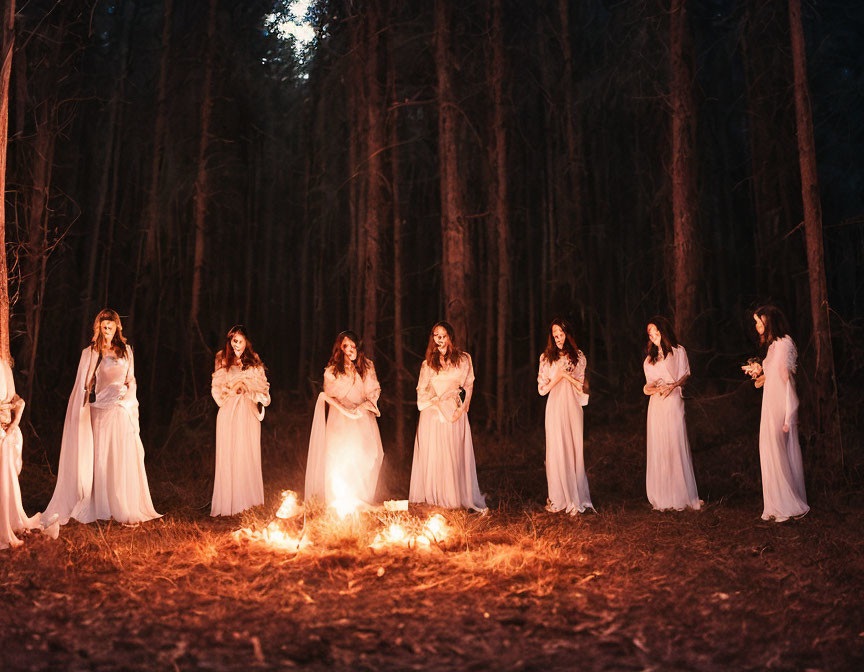 Group in white dresses encircle bonfire in forest at night