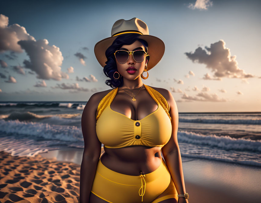 Yellow bikini and wide-brimmed hat on sandy beach with ocean and sunset sky