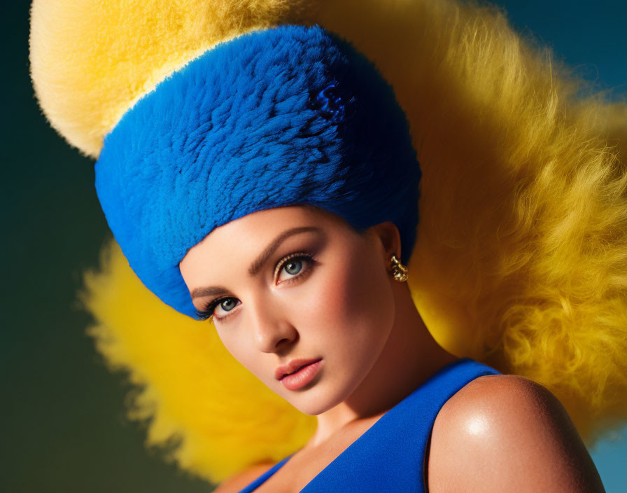 Dramatic blue and yellow headdress woman in blue attire on gradient background