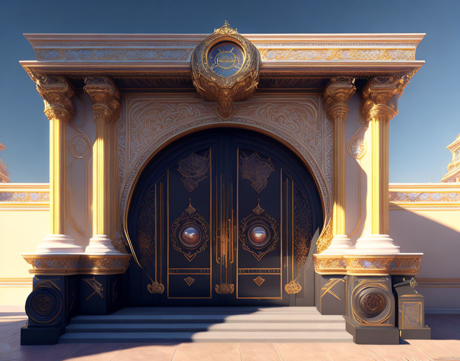 Luxurious Building Entrance with Gold Patterns and Corinthian Columns