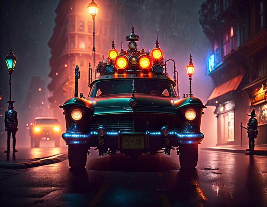 Classic Car Illuminated on Foggy Rainy Street at Night