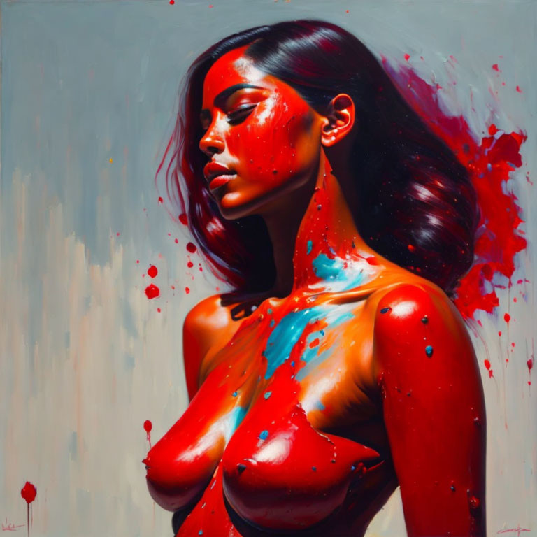 Abstract painting of woman with red and blue paint splashes