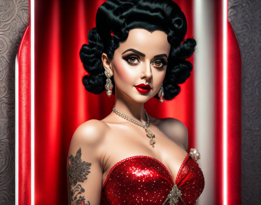 Vintage glamour: Figure with red lipstick, sequined dress, and tattoos in front of curtains