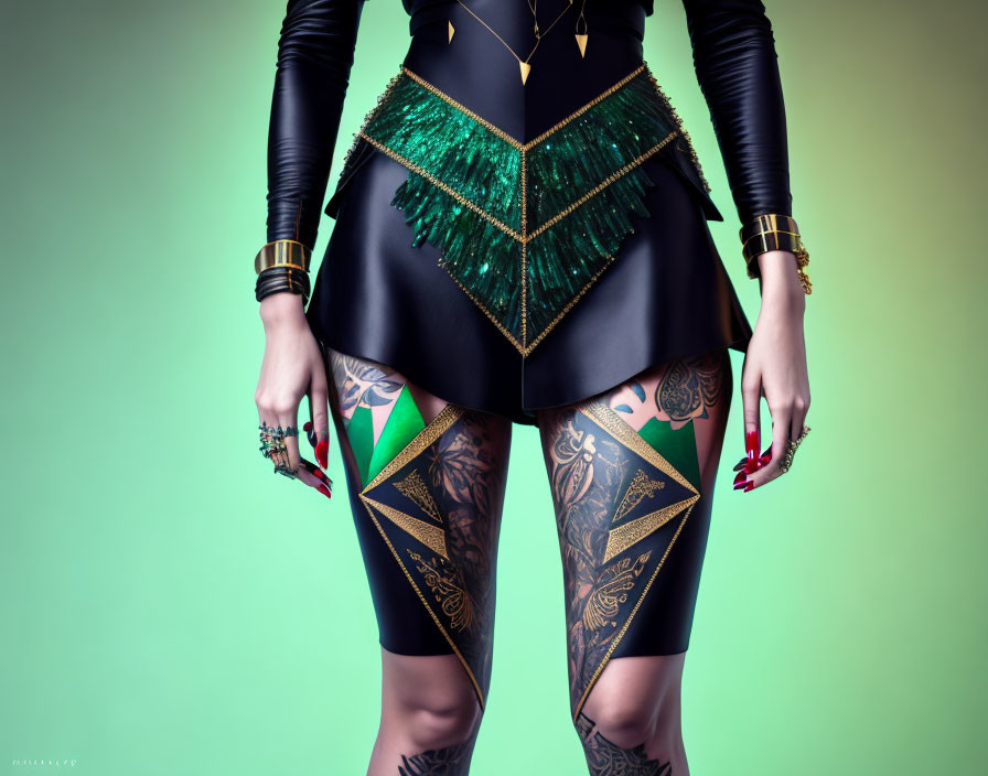 Stylish Black Outfit with Green Fringe and Colorful Leg Tattoos