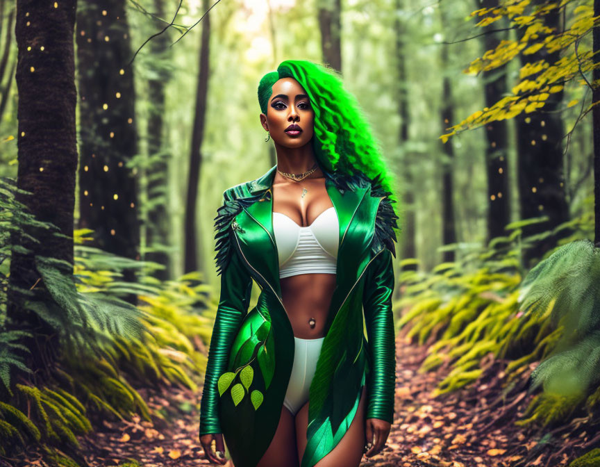 Stylish individual with green hair and intricate green jacket in forest setting