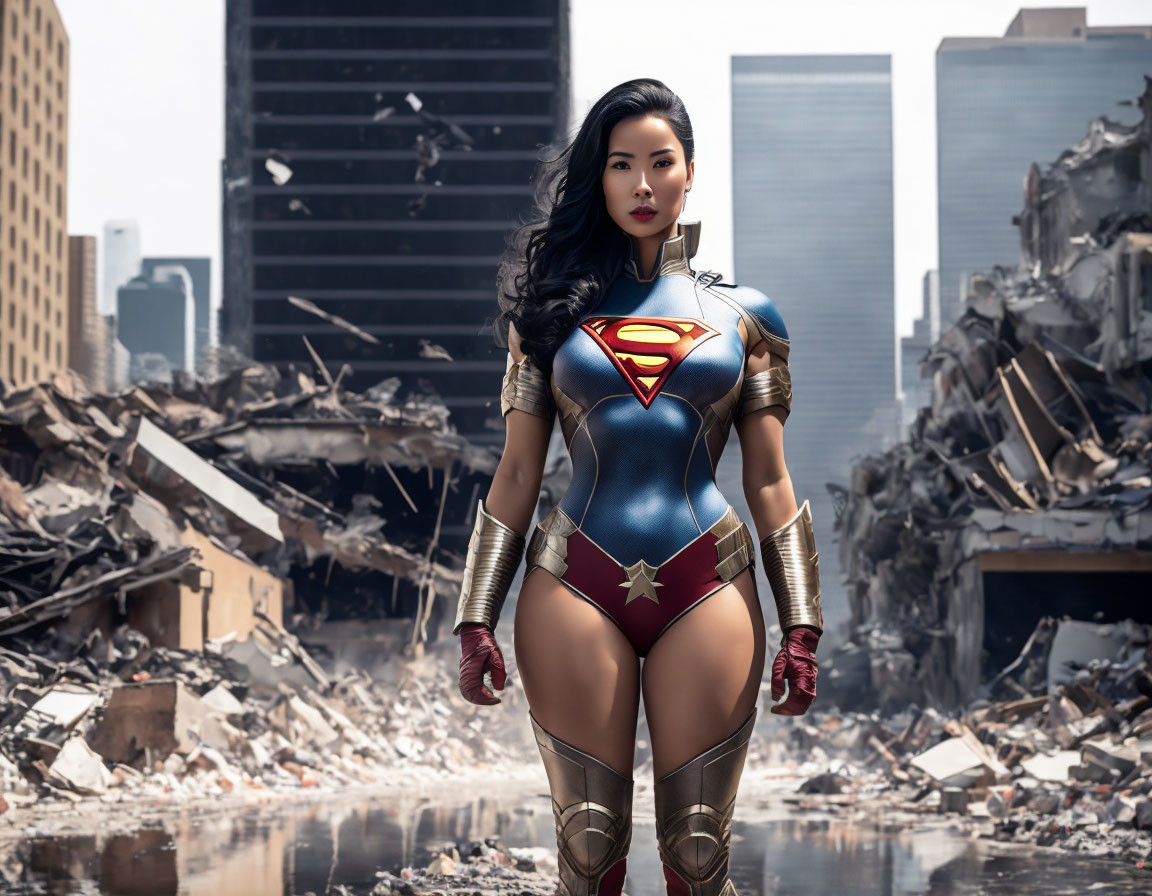 Confident Woman in Superhero Costume Amidst City Ruins