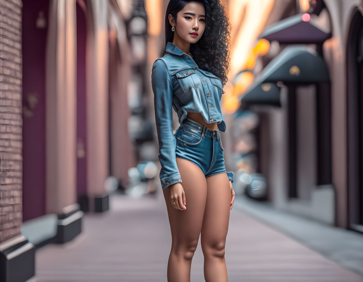 Confident woman in denim jacket and shorts on city street with blurred urban background