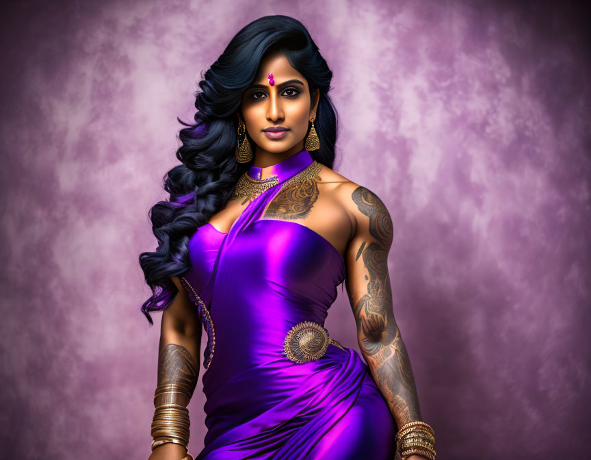 Traditional Indian woman illustration in purple outfit with henna designs