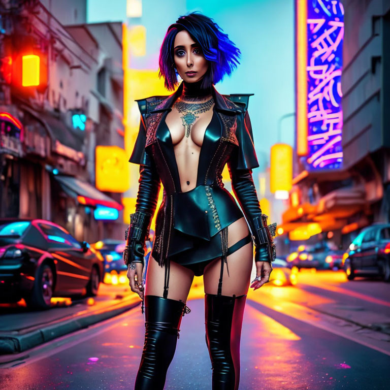 Futuristic Outfit, Blue and Purple Hair on Neon-Lit Street