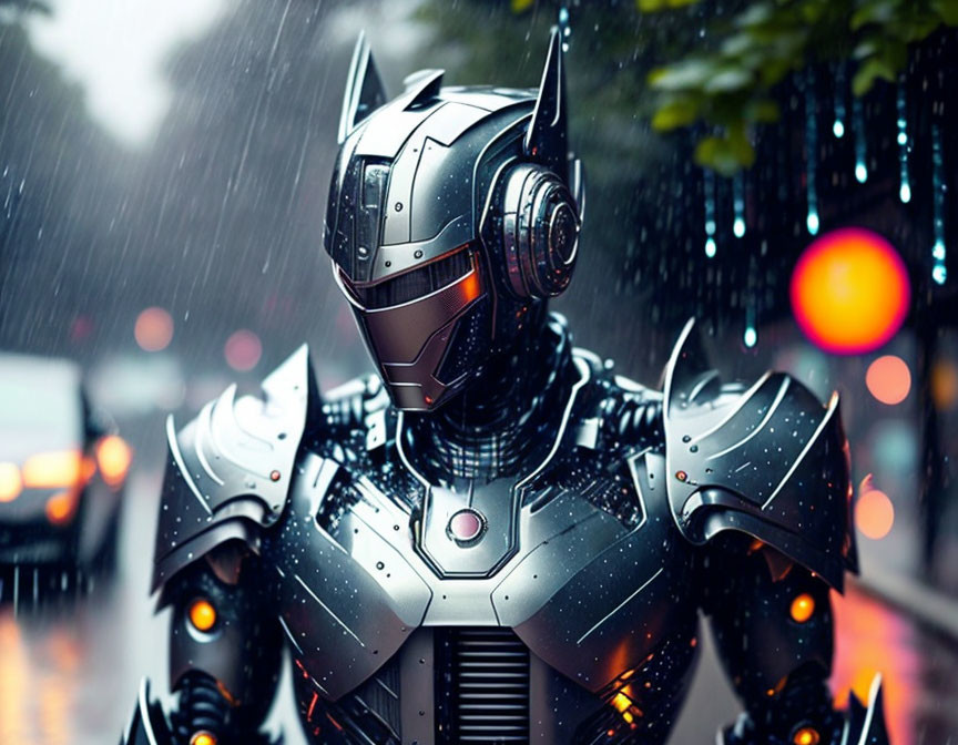 Futuristic armored robot in rain with city lights.