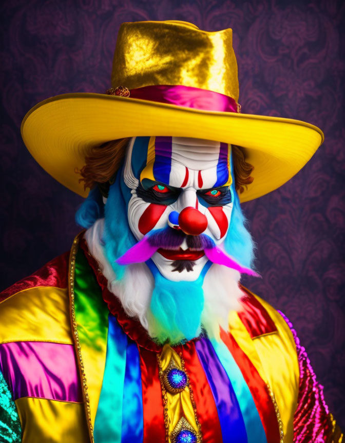 Colorful Clown with Golden Hat and Blue Hair on Purple Background