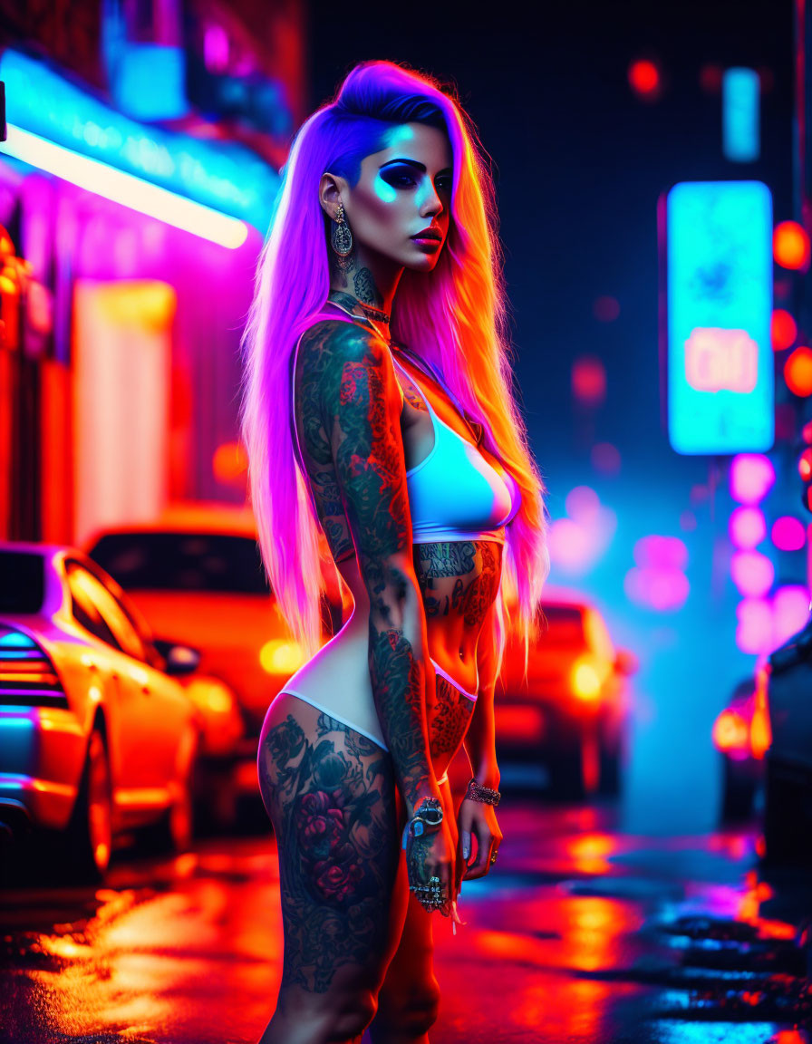 Vibrant purple-haired woman with full-body tattoos in neon-lit city street