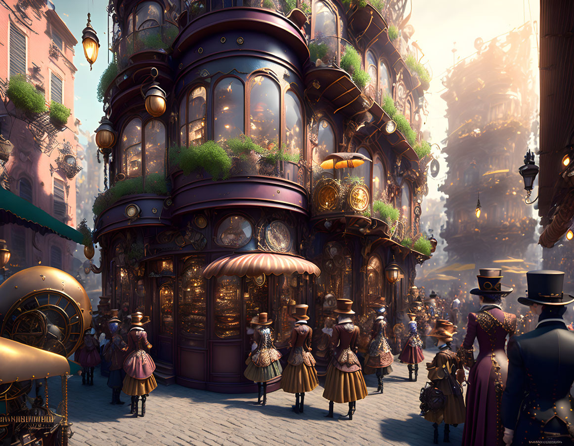 Ornate Victorian fantasy cityscape with elegant figures and warm lights