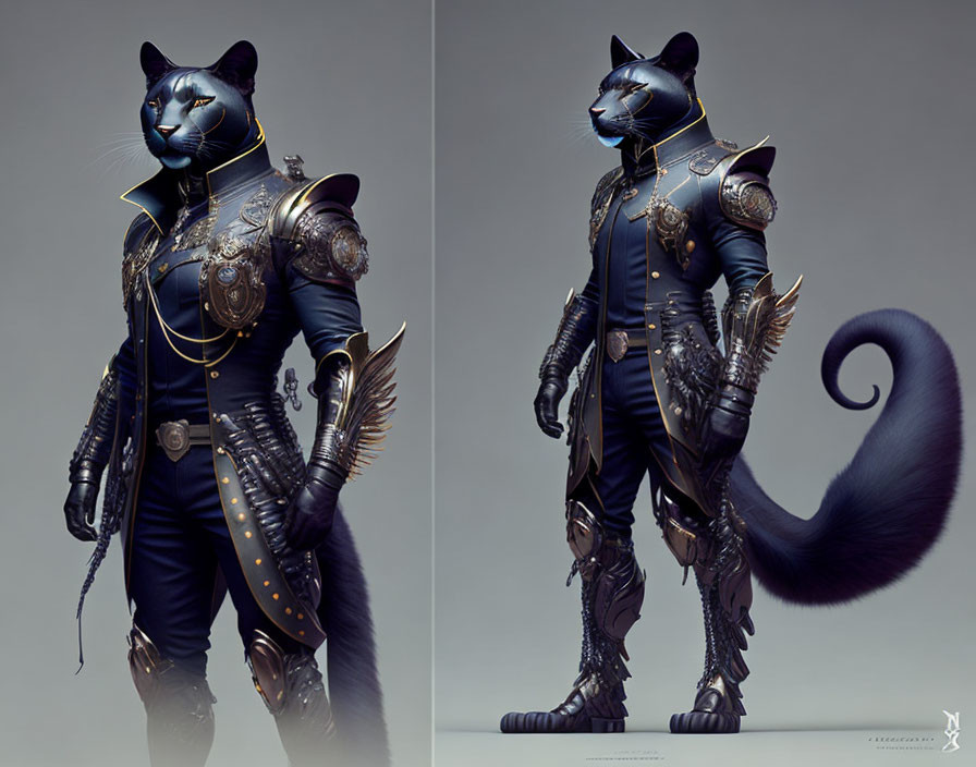 Black cat in ornate armor with gold accents and intricate detailing