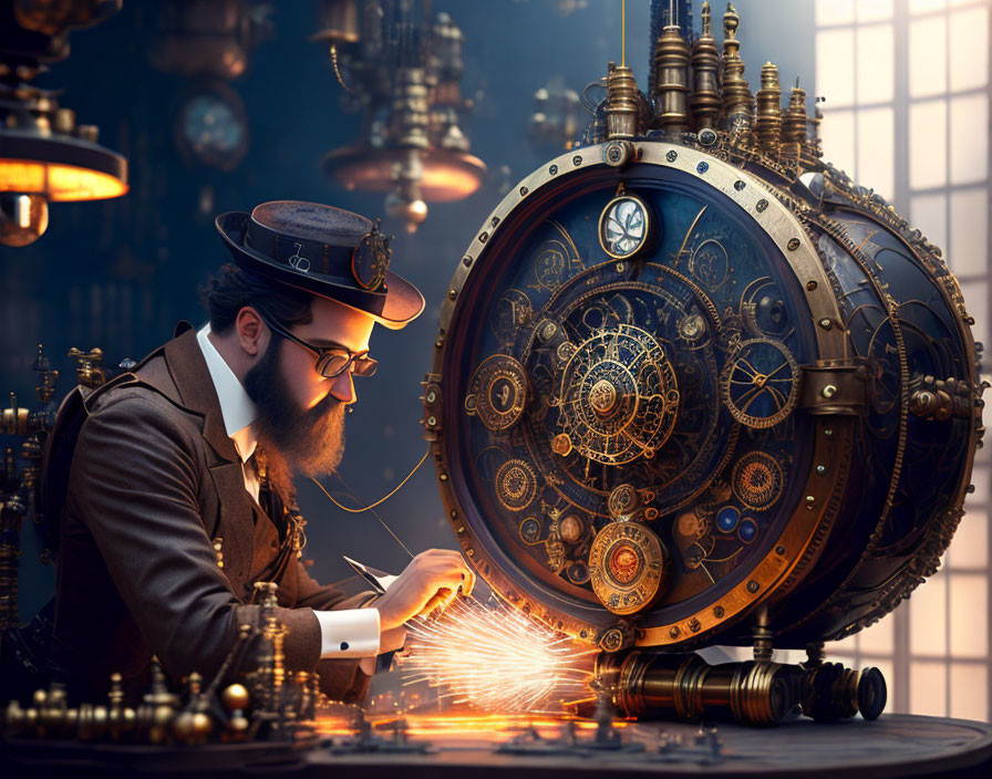 Steampunk-dressed man repairs intricate clockwork device with sparks.