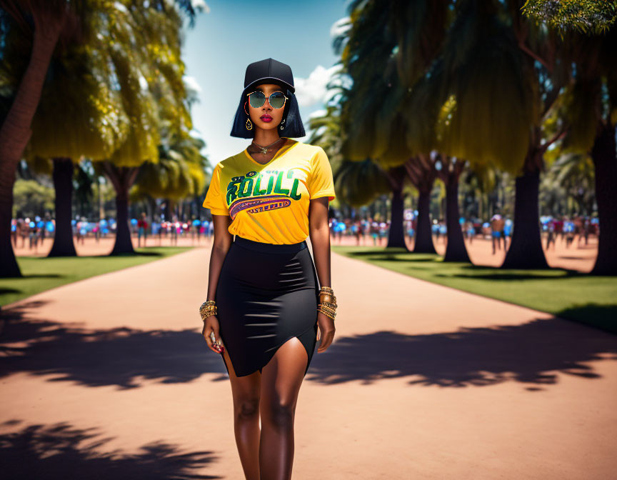 Fashionable Woman in Yellow Top and Black Skirt Posing on Palm Tree-Lined Pathway