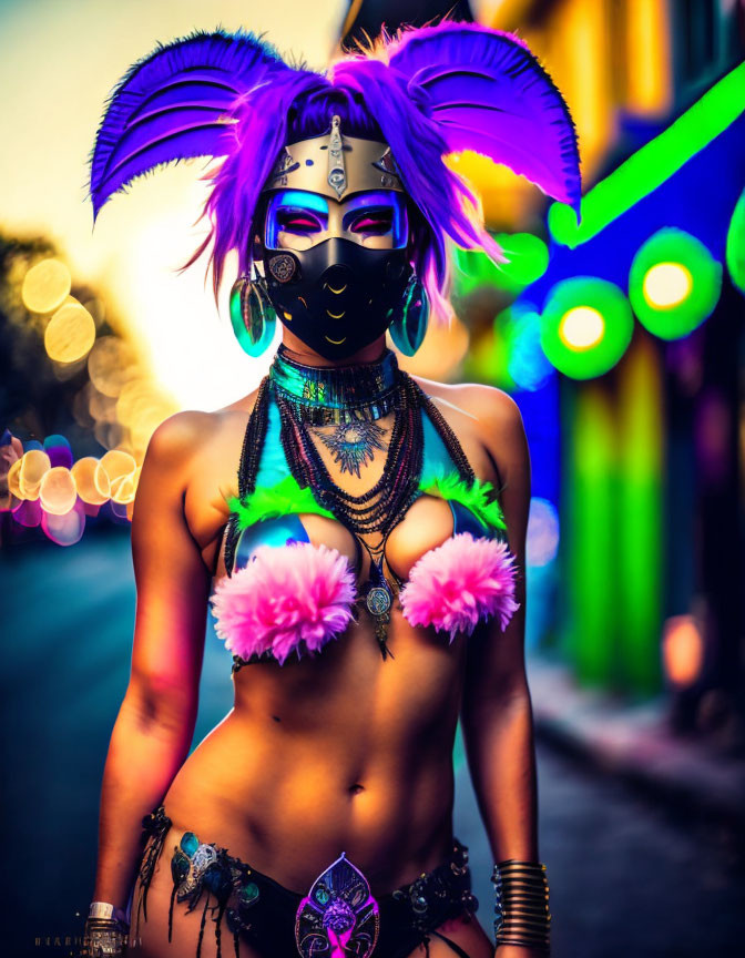 Person in festival attire with mask and feathers on bokeh-lit street