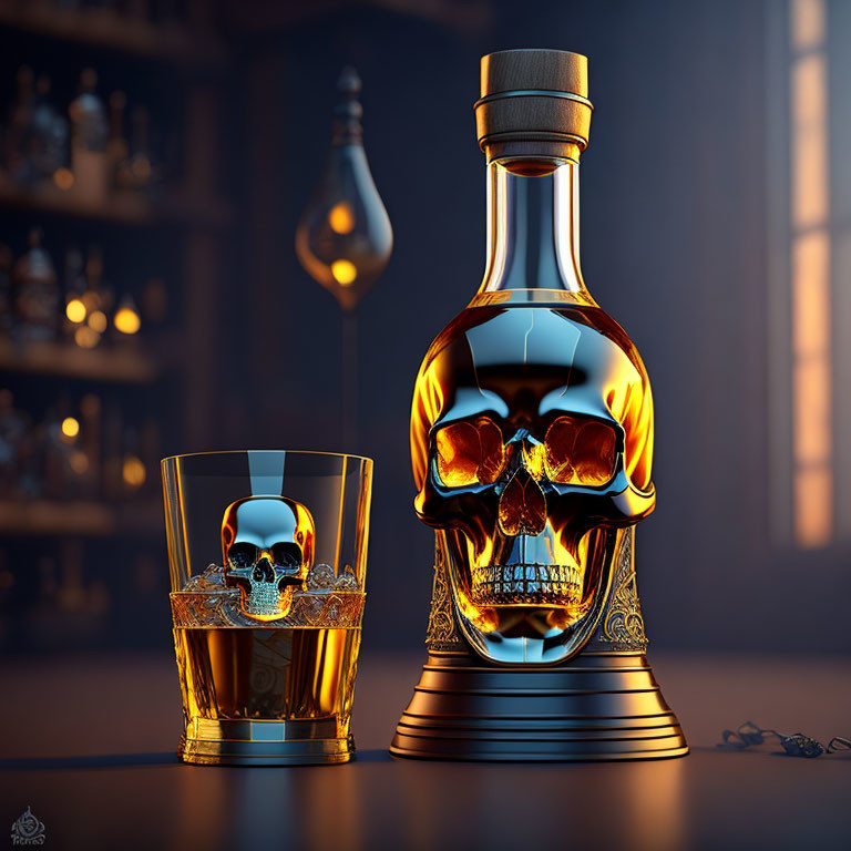 Skull-shaped bottle and whiskey glass with skull ice cube on dark background