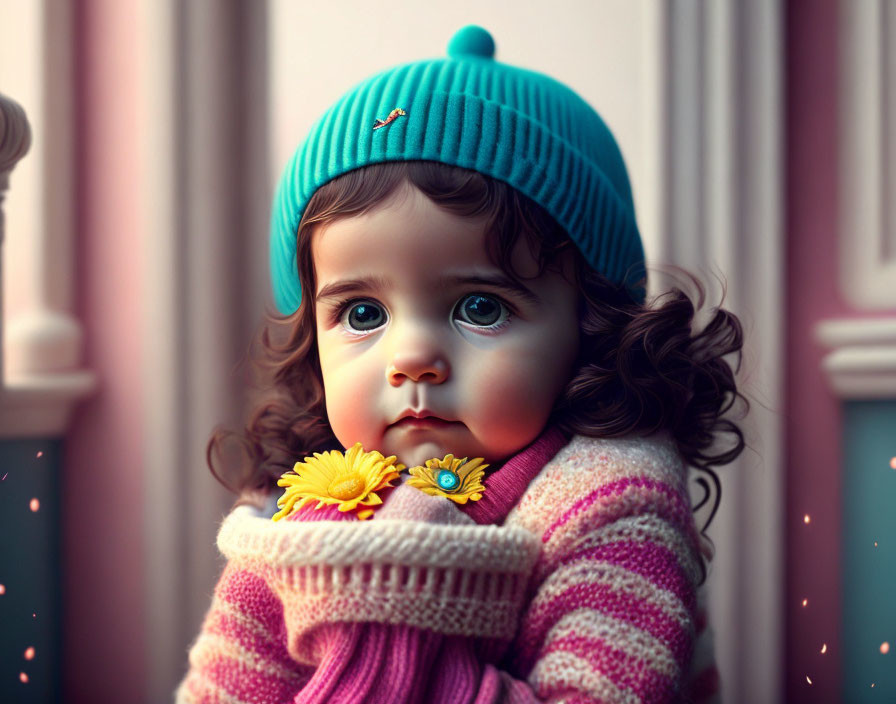 Child with curly hair in blue beanie holding yellow flowers in whimsical setting