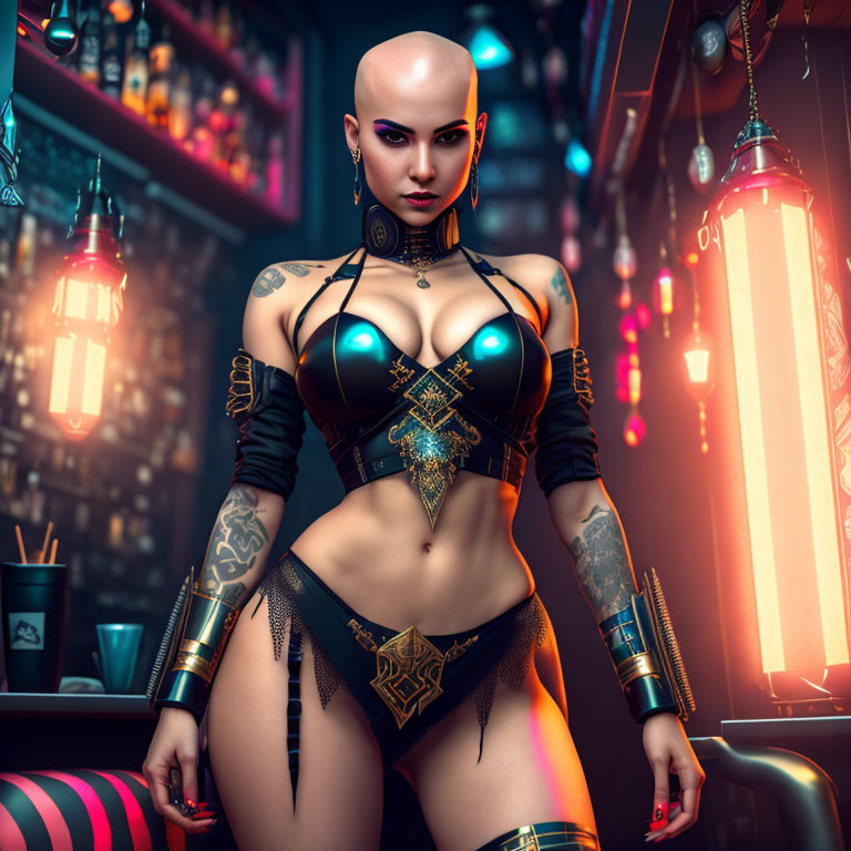 Bald Tattooed Woman in Futuristic Attire in Neon-lit Bar